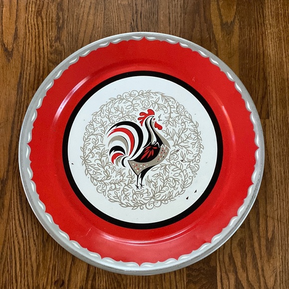 Mid century 19” serving tray red rooster tin large Art Deco Mod county MCM - Picture 1 of 6
